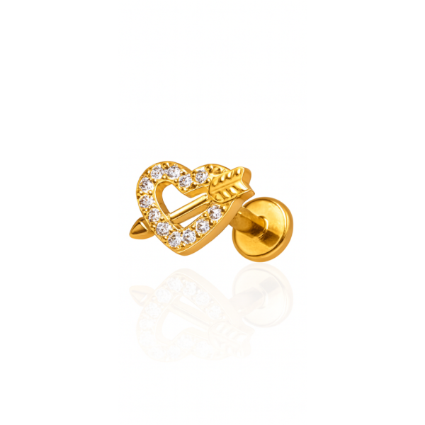 Piercing coração flechado cravejdo titânio pvd gold